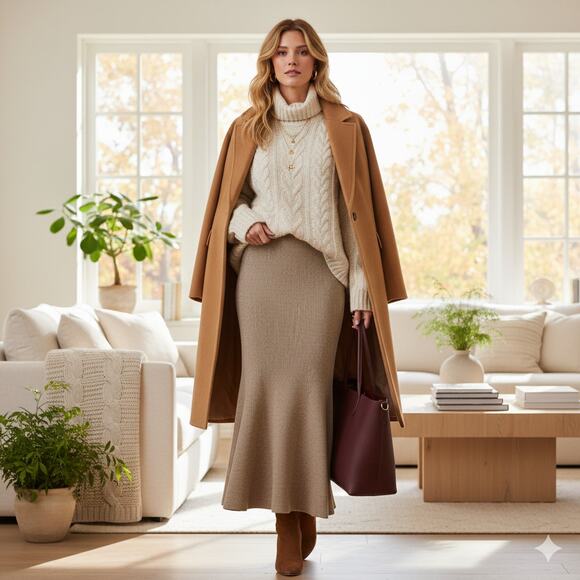 En Saison Dresses & Skirts - En Saison Beige Gweneth Pull-on Ribbed Trumpet Skirt